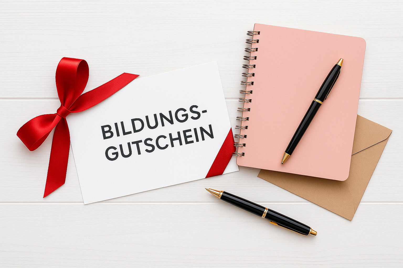 Bildungsgutschein mit rotem Satinband, rosa Notizbuch, Stift und Umschlag auf weißem Holztisch.